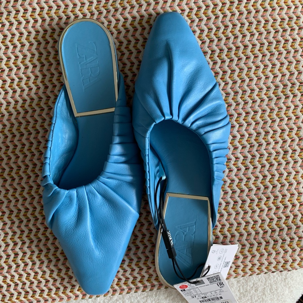 Zara Blue Leather Flat Mules with Gathered Design